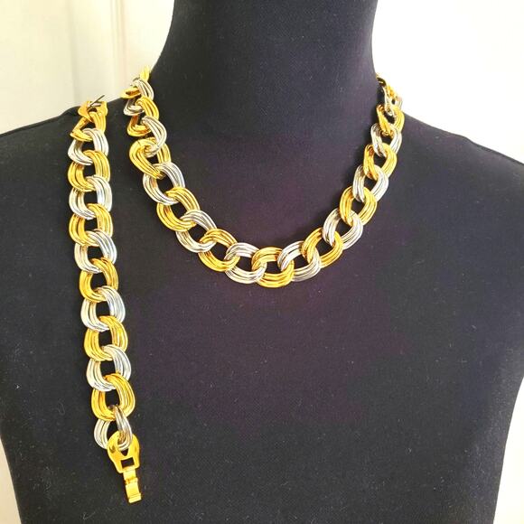 Gold & Silver Tone Necklace Bracelet Set Chunky Chain Polished Mixed Metal Retro - Picture 1 of 9